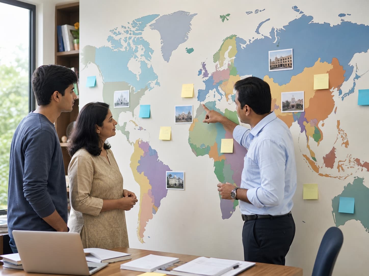 Counsellor and student reviewing study-abroad destinations on a world map